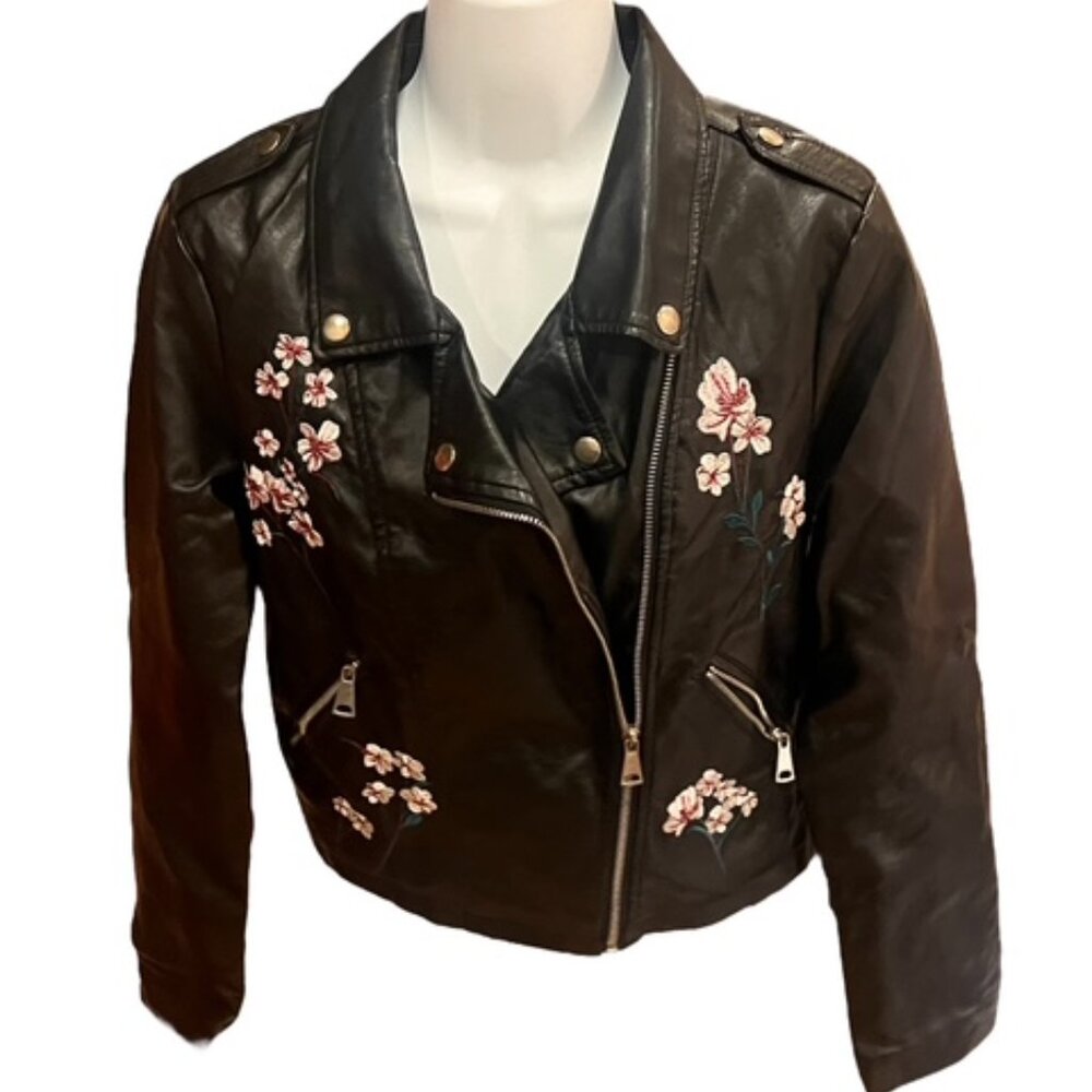 URBAN RETRO Faux Leather Moto Embroidered Jacket